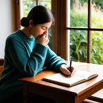 A thoughtful individual of indeterminate gender, dressed in a modest, comfortable sweater and trousers, is seated at a polished wooden desk, writing in a leather-bound journal. The scene is a sunlit, peaceful study with a large window overlooking a lush garden, and a simple ceramic mug of tea rests nearby. The atmosphere is serene and contemplative, highlighting personal reflection. The image should be professional photography, high resolution, with soft, natural lighting, fully clothed, modest clothing, appropriate attire, safe for work, appropriate content, perfect anatomy, correct proportions, natural pose, well-formed hands, proper finger count, natural body proportions, family-friendly.