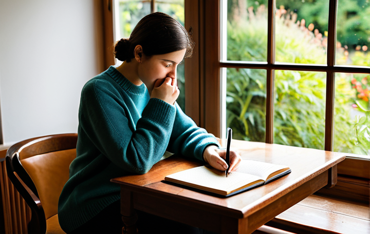 A thoughtful individual of indeterminate gender, dressed in a modest, comfortable sweater and trousers, is seated at a polished wooden desk, writing in a leather-bound journal. The scene is a sunlit, peaceful study with a large window overlooking a lush garden, and a simple ceramic mug of tea rests nearby. The atmosphere is serene and contemplative, highlighting personal reflection. The image should be professional photography, high resolution, with soft, natural lighting, fully clothed, modest clothing, appropriate attire, safe for work, appropriate content, perfect anatomy, correct proportions, natural pose, well-formed hands, proper finger count, natural body proportions, family-friendly.