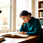 A focused woman of professional age, seated comfortably. Dressed in a modest, professional sweater and slacks, engaged in thoughtful journaling at a polished wooden desk in a bright, modern home office. Sunlight streams through a large window, illuminating an open journal and a pen in her well-formed hands. Shelves filled with classic books line the wall behind her. The scene evokes introspection, self-discovery, and the quiet power of personal reflection. Warm ambient lighting, soft focus, high-resolution, professional photography. fully clothed, modest clothing, appropriate attire, professional dress, perfect anatomy, correct proportions, natural pose, well-formed hands, proper finger count, natural body proportions, safe for work, appropriate content, family-friendly.
