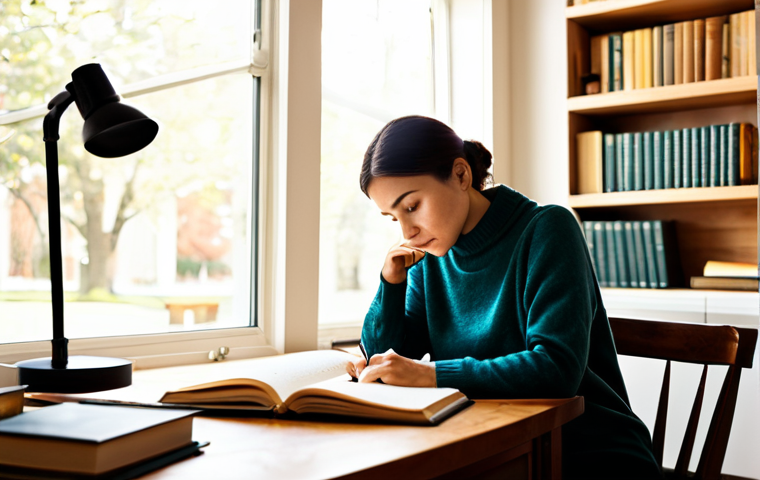 A focused woman of professional age, seated comfortably. Dressed in a modest, professional sweater and slacks, engaged in thoughtful journaling at a polished wooden desk in a bright, modern home office. Sunlight streams through a large window, illuminating an open journal and a pen in her well-formed hands. Shelves filled with classic books line the wall behind her. The scene evokes introspection, self-discovery, and the quiet power of personal reflection. Warm ambient lighting, soft focus, high-resolution, professional photography. fully clothed, modest clothing, appropriate attire, professional dress, perfect anatomy, correct proportions, natural pose, well-formed hands, proper finger count, natural body proportions, safe for work, appropriate content, family-friendly.
