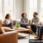 자서전적 치료법과 사회적 관계 개선 - A warm, inviting living room scene showing a diverse group of adults engaged in a deep, heartfelt co...