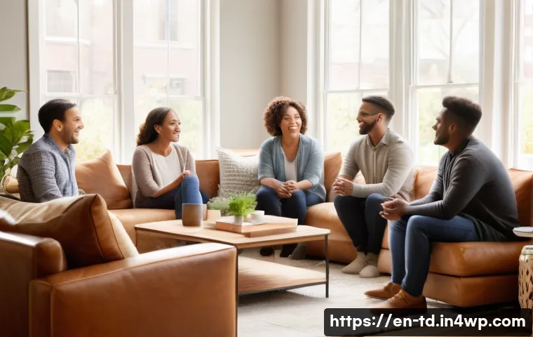 자서전적 치료법과 사회적 관계 개선 - A warm, inviting living room scene showing a diverse group of adults engaged in a deep, heartfelt co...