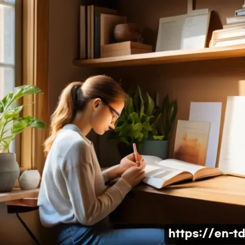 자서전적 치료법을 통한 자기 이해 증진 - A cozy, sunlit writing nook featuring a person journaling with intentional prompts, surrounded by wa...