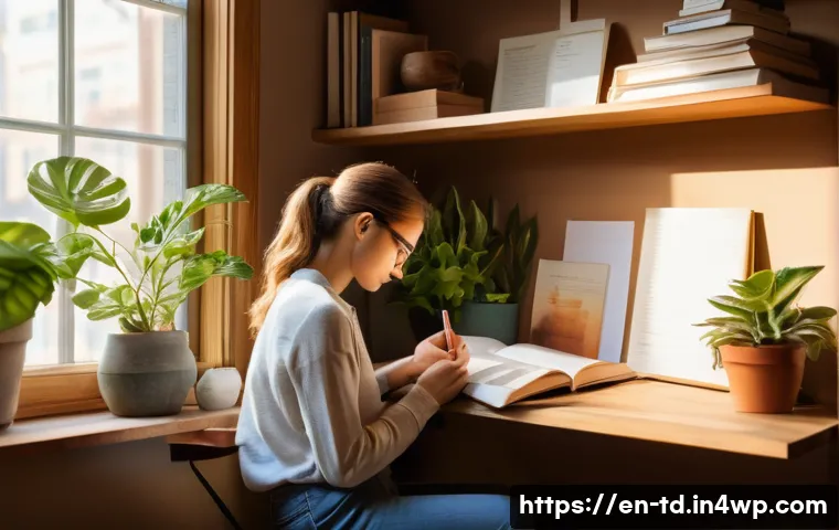 자서전적 치료법을 통한 자기 이해 증진 - A cozy, sunlit writing nook featuring a person journaling with intentional prompts, surrounded by wa...