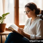 자서전적 치료법과 감정 표현의 관계 - A warm, softly lit therapy room where a diverse adult woman sits comfortably on a cozy armchair, jou...