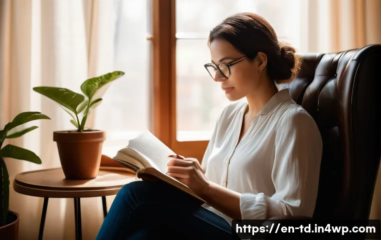자서전적 치료법과 감정 표현의 관계 - A warm, softly lit therapy room where a diverse adult woman sits comfortably on a cozy armchair, jou...