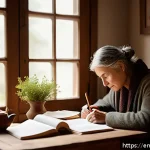 자서전적 치료법과 정신적 치유의 연관성 - A serene, cozy room bathed in soft natural light where a thoughtful adult is journaling at a wooden ...