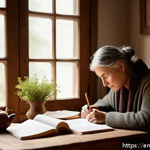 자서전적 치료법과 정신적 치유의 연관성 - A serene, cozy room bathed in soft natural light where a thoughtful adult is journaling at a wooden ...