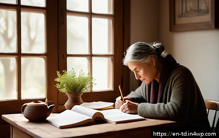 자서전적 치료법과 정신적 치유의 연관성 - A serene, cozy room bathed in soft natural light where a thoughtful adult is journaling at a wooden ...