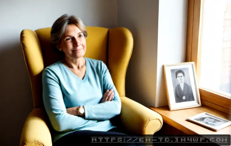 자서전적 치료법을 통한 자기 수용 - Photorealistic middle-aged woman in a calm therapy office, seated comfortably in an armchair while t...