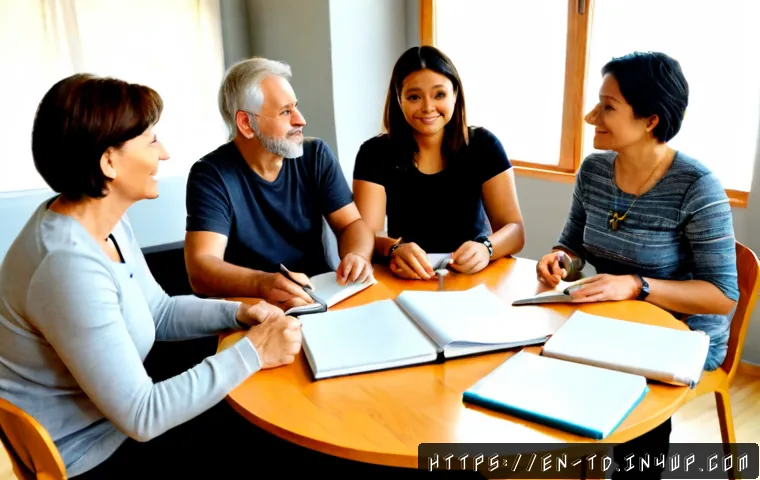 Home 17 자서전적 치료법의 워크샵 진행 방법 - Photorealistic community therapy workshop in a bright, welcoming studio, compassionate middle-aged f...
